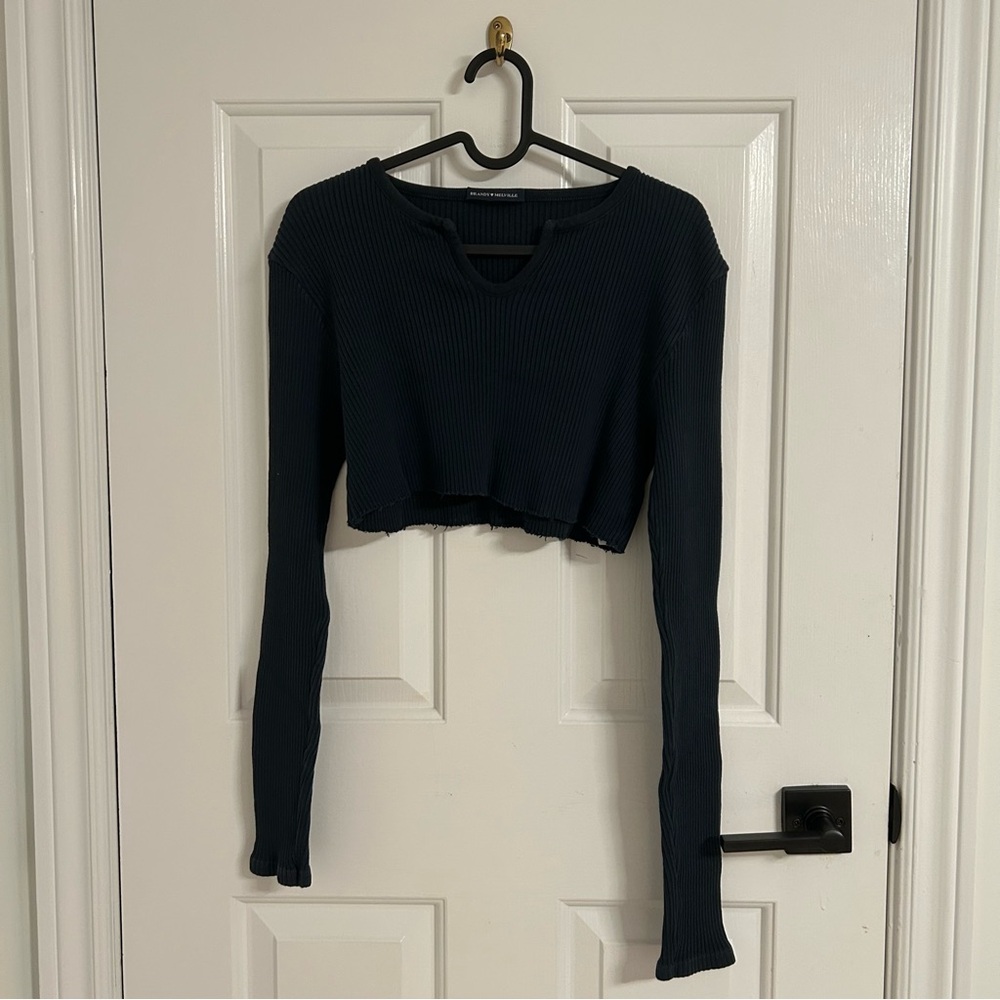 Brandy Melville Blue Fitted Long Sleeve Crop Top